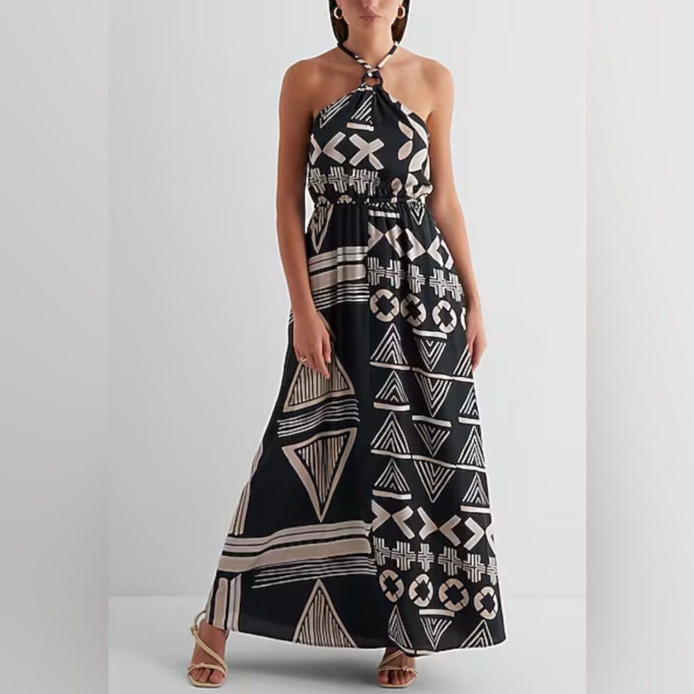 Express Satin Printed Halter Neck O-Ring Maxi Dress size Small